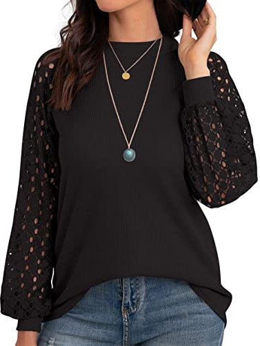 IWOLLENCE Black Long Sleeve Tops for Women UK Lace Top Going Out Tops Blouses Long Sleeve T Shirts Black M