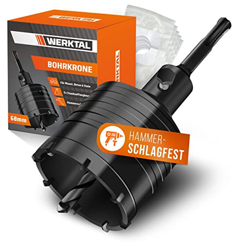 WERKTAL - Bohrkrone 68mm SDS Plus [8 XXL Karbid Zähne] - Hammerschlagfester Dosenbohrer für Unterputzdosen & Steckdosen in Mauerwerk, Stein, Beton, Trockenbau - Bohrkrone Steckdose mit 5 Staubbeuteln