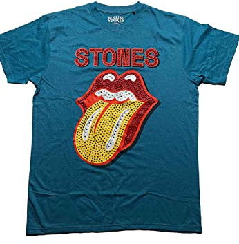Rolling Stones The T Shirt Diamante Tongue Logo Official Unisex Teal Blue XL