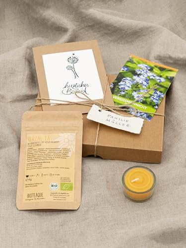 Trauer Geschenk Box - Trost Geschenke für Hinterbliebene, Geschenk Beileid mit Trauerkarte & Vergissmeinnicht, Bienenwachs-Teelicht und Bio-Tee (DE-Öko-007), Trostspender