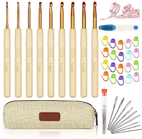 Aeeque Häkelnadel Set 9 PCS Bambus Häkelnadeln 2,0 mm - 6,0 mm, Praktisch Häkelnadel Set für Anfänger, Arthritis, Licht Häkelnadeln Set für Schal Socken Pollover Häkelnadel mit Ergonomischer Holzgriff