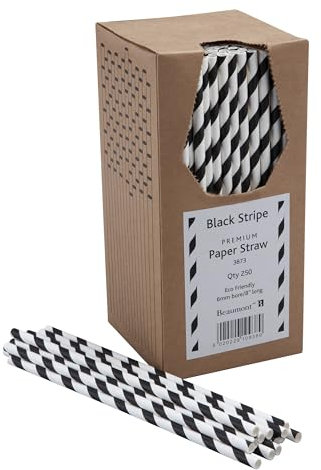 8 Inch 6mm Bore Paper Straw - Black & White Striped Pk 250