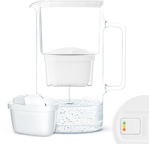Wessper Jarra Filtradora de Vidrio con Contador LED de Agua 3L | Reemplazo para Dafi Unimax Aquaphor A5 BRITA Maxtra+ PHILIPS AWP212/10 | Jarra Filtrante + 1x Cartucho – Blanco
