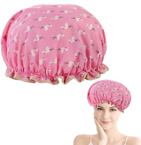 Double Layer Shower Cap for Women Waterproof Reusable Elastic Band, Ruffled Edges Covering Ears for Long, Short & Curly Hair (Pink Bird)