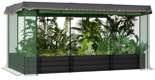 Outsunny Hochbeet Stahl, Pflanzkasten, Blumenkasten mit Vogelschutznetz, Sonnenschutz, Gartenbeet für Balkon, Terrasse, Dunkelgrau, 230 x 110 x 110 cm