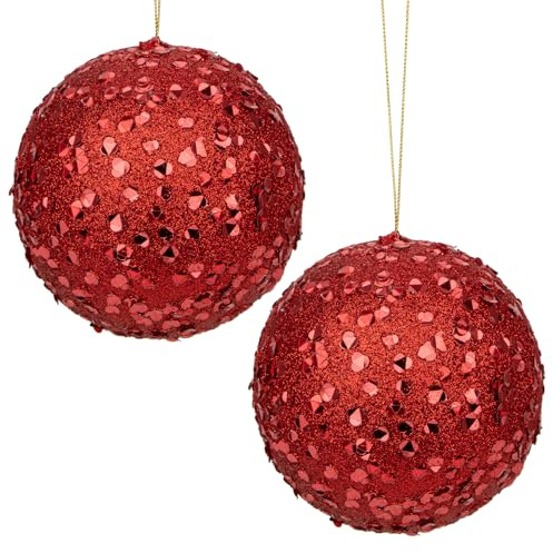 Hollyone 15cm Große Weihnachtsbaumkugeln Ornamente Glitzer, 2pcs Pailletten Christbaumkugeln Set mit Seil, Bruchsicher Weihnachtskugeln Rot Hängend Weihnachtsdeko für Feiertage Party Deko