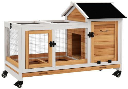 PawHut Wooden Rabbit Hutch Guinea Pig Cage 108 x 58 x 73.5cm Yellow | Small Animal House With Wheels, Outdoor & Indoor, Slide-out Tray