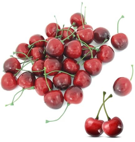 LATRAT 40 Stück Deko Kirschen Deko Kunstkirsche, für die Obstschale, Tischdekoration Rot Schwarz Kirsche Kirschen Deko Gefälschte Früchte Obst Party Festival Dekoration