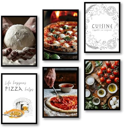 MJ-GRAPHICS® Küche Wanddeko Set - 6xA4 Bilder Pizza Poster Kaffee Spruch Italien Wandbild - Ohne Rahmen