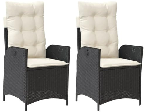 vidaXL Gartensessel mit Kissen 2 STK., Gartenstuhl mit Verstellbarer Rückenlehne, Liegestuhl mit Stahlrahmen, Sessel Stuhl Relaxsessel, Schwarz Poly Rattan