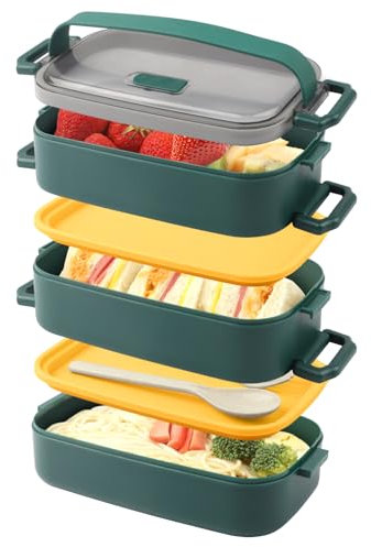 Lunch Box,étanche Trois Couche Bento Box,Boite Dejeuner Hermétique avec Fourchette Cuillère,Micro-Ondes Lave-Vaisselle Sans BPA,pour Kids Adultes Pique-Nique,Travail,L'école (2.25L Vert Matière PP)