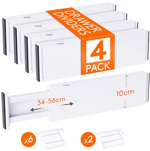 Lifewit 4er-Set Verstellbar Schubladentrenner 10cm hoch und 34,3-55,9 cm länge, Schubladen organizer, Schubladenteiler aus Kunststoff mit 8 Einsätzen für Kleidung, Make-up, Schminktisch, Küche