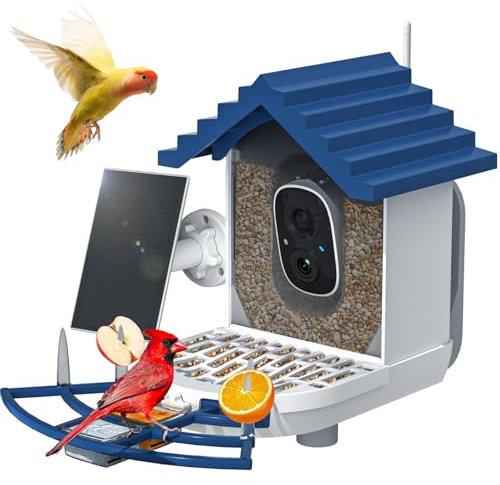 Smart Bird Feeder with Camera Solar Powered & AI Bi rd Identification, 2.4Ghz WiFi Bird feeders for Outdoors, Full HD Live Video, Nstant Arrival Alerts - Best Gifts for Bi rd Lovers（Indigo Blue）