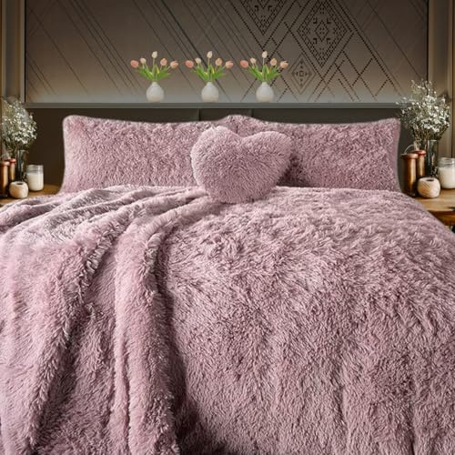 Dolce Vari DV Premium Snuggle - Set di biancheria da letto in pile con copripiumino lussuoso, super morbido, caldo e confortevole, in pelliccia (rosa cipria, singolo)