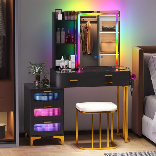 Schminktisch mit Beleuchtung, RGB Schminktisch mit LED Spiegel Hocker Schubladen Glasplatte 6 Schubladen, Haartrocknerständer USB Type-C