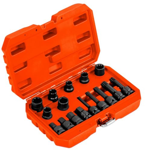 COSTWAY 16Pcs Impact Brake Caliper Socket Set, 1/2 Inch Drive Wrench Brake Adjusting Tool Kit with Storage Box, Impact Wrench Socket Set for Home Car Repair (Orange)
