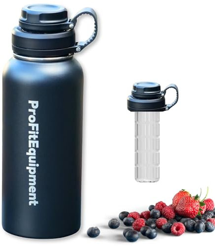 ProFitEquipment Trinkflasche Edelstahl 900ml mit Sieb für infused Water, Thermoflasche isoliert für Sport und Outdoor, Auslaufsicher und BPA-frei, Kohlensäure geeignet für Fitness und Arbeit