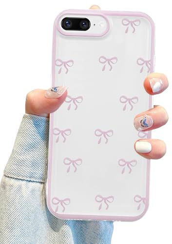 Jusy Compatible with iPhone 7 Plus/8 Plus Bow Phone Case, Cute Clear Ribbon Bowknot Pattern Aesthetic Soft TPU Transparent Cases Protective Phone Cover for Women Girly - Pink