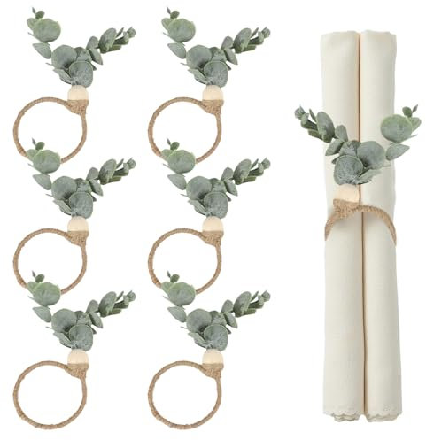 6 Stück Serviettenringe – Serviettenringe Boho mit Grünen Blättern & Holzperlen – Rustikale Serviettenring, Servietten Ringe für Farmhouse, Party, Hochzeit, Gartengartenfest