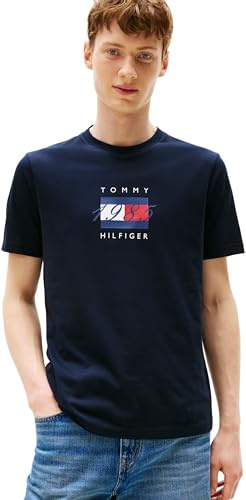 Tommy Hilfiger Men’s Short Sleeve Linear Flag Graphic Regular Fit T-Shirt, Blue (Desert Sky), L