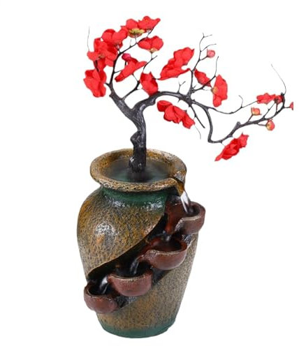 Feng Shui Vase Brunnen Wasserfall, zimmerbrunnen Wasserfall, 4-stufige Wasserspiele Innenbrunnenvase mit künstlichem Baum, Fließendes Desktop Orament, Gartenbrunnen Home Decor