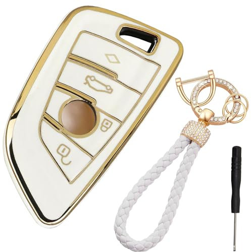 LbsAMP Coque Clé de Voiture 4 Boutons Tup Compatible avec BMW Serie 1 2 3 4 5 6 7 X1 X2 X3 X5 X6 F40 G20 G30 Coque de Protection pour Clé Protège Clef de Voiture en Silicone avec Porte Clés - Blanc