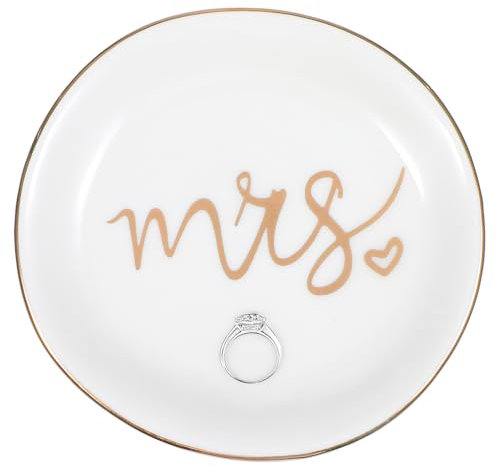 Telooco Mrs. Ring Dish Engagement Ring Holder Ceramic Jewelry Tray Small Ring Bowl Dish Tray for Couples Bridal Shower Present (4.1 Inch)
