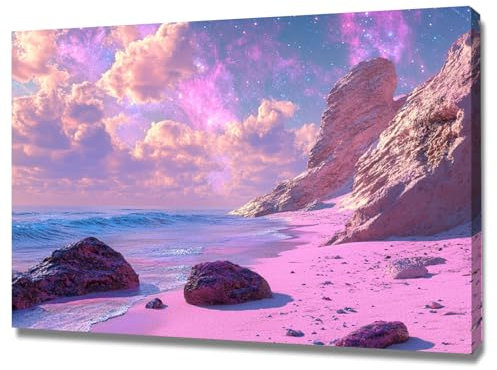 WUFIEA Natur Landschaft Leinwand, Rosa Strand mit Sternen Modern Wanddeko Kunstdruck Schlafzimmer Esszimmer Büro - 70x100cm Gerahmt(Lotuswurzelpulverfarbe)