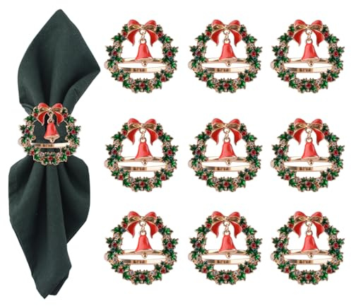 URROMA Serviettenringe mit Weihnachtsglocke, bunt, Weihnachtskranz, Serviettenhalter, Metall, Winter, Haushalt, Serviettenschnalle für Urlaub, Tischdekoration, Weihnachten, Party, 10 Stück