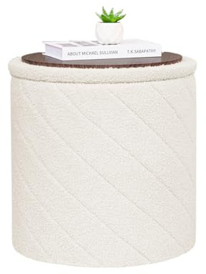 Bonlife Runder Hocker Ottoman mit Stauraum, Klappbarer Hocker mit Deckel, Boucle Frisierhocker für Wohnzimmer, Schlafzimmer, Eingangsbereich, Creme, 43x43x45cm