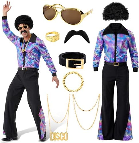 Cheffery 70er Jahre Disco Kostüm Männer Set, 10 Stücks Hippie Kostüm Herren mit Hemd Schlaghose Afro Perücke und Zubehör, Retro Hippie Outfit Männer für 60er70er80er Disco Karneval Mottoparty (XL)