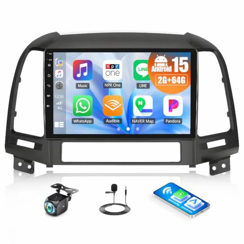2+64G Android 15 CAMECHO Navi Autoradio für Hyundai Santa Fe 2006-2012 | 9 Zoll, HD Rückfahrkamera, RDS FM Radio Bluetooth, GPS WiFi Wireless Carplay Android Auto