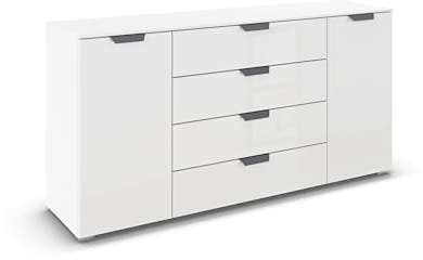 Rauch Möbel ADITIO, Kommode, Farbe Glas Weiß, Breite 160 cm | Sideboard im modernen Look, 2-türig, 4 Schubladen, Glasfront, Soft-Close, für Schlafzimmer, Gästezimmer, Wohnzimmer, Flur