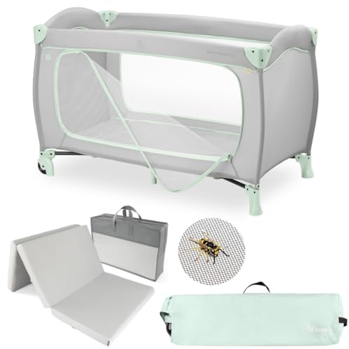hauck Sleep N Play Go Plus Baby Reisebett Set - Dusty Mint | inkl. Matratze & Insektenschutz | faltbares Kinder Reisebett mit Rollen, Seiteneingang & Transporttasche