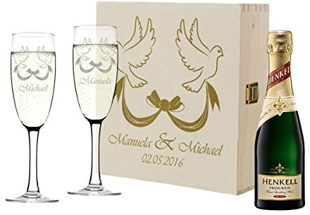 polar-effekt 2 copas de champán y botella de champán en caja de regalo personalizada, idea de regalo de boda, juego de copas de champán con grabado – diseño de palomas