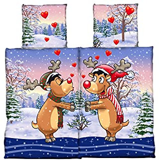 Leonado Vicenti Warme Thermofleece Bettwäsche 4 teilig 135x200 cm Blau Rentiere Tannen Schnee Herz Partnerbettwäsche Winter mit Reißverschluss