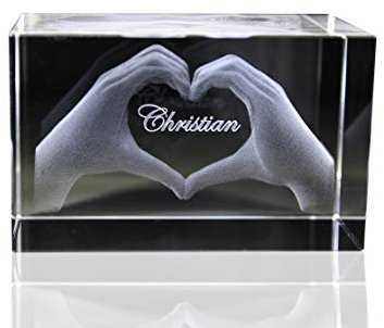 VIP-LASER 3D Glas Kristall mit Gravur I Herz aus Zwei Händen mit Namen graviert Weihnachten Jahrestag Geburtstag (ohne LED-Leuchtsockel)