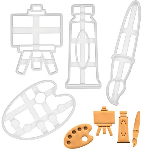 ensemble de 4 emporte-pièces sur le thème de la peinture (motifs: pinceau, palette, support de chevalet et tube de peinture), 4 pièces