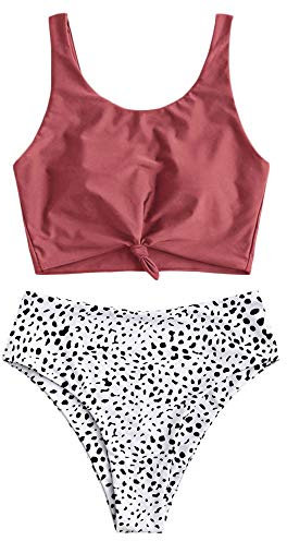 ZAFUL Zweiteiliger Beachwear Set, verknotet Oberteil mit Schulterträger & Tropisches Blattmuster Badehose (Kirschrot, M)