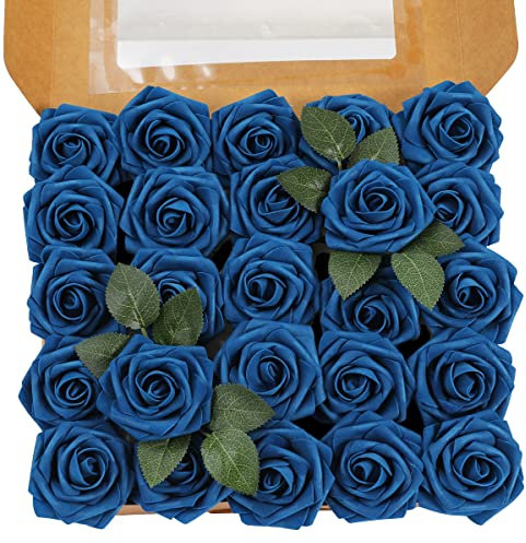 Künstliche 25 Stück Rosen Blumen Schaumrosen Foamrosen Kunstblumen Rosenköpfe Gefälschte Kunstrose Rose für Hochzeit Blumensträuße Braut Zuhause Dekoration (Armeeblau, 25 Stück)