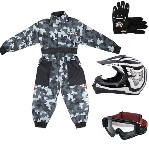 Zorax Black CAMO XS(3-4 Years) Kids Suit & Gloves S(5cm) & Goggles & Zorax S (49-50cm) ZOR-X17 Kids Children Motocross Motorbike Motorcycle Helmet Set ECE2206