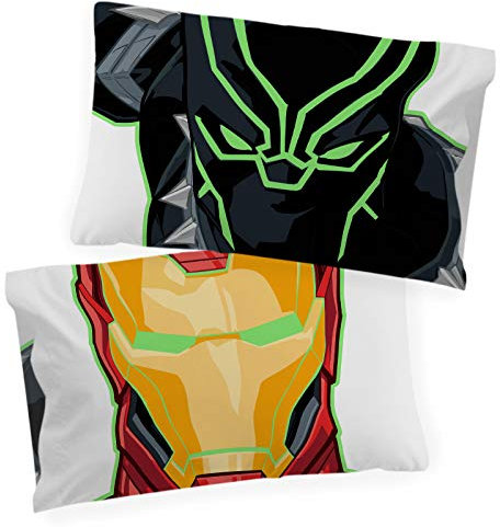 Jay Franco Marvel Avengers Night Life Glow in The Dark 2 Pack Reversible Pillowcases Features Black Panther & Iron Man - Double-Sided Kids Super Soft Bedding (Official Marvel Product)