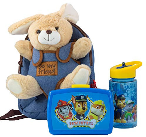 P:os 81442 PAW Patrol - Rucksack für Kinder mit abnehmbarem Plüschtier Hase Bob, Paw Patrol Brotdose und Trinkflasche in Blau, ideales Set für den Kindergarten oder bei Familienausflügen