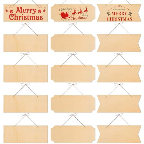 15 Pieces Unfinished Hanging Wood Sign Blank Hanging Decorative Wood Plaque Wooden Slices Banners with Ropes for Christmas Ornament DIY Home Crafts Supplies