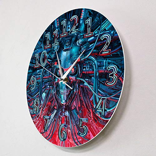 ELD 30cm Moderne Wanduhr Heavy Metal Science Fiction Gruseliger Roboterschädel Steampunk Roboskull Halloween Skelett Wohnkultur Wanduhr Kunst Wand