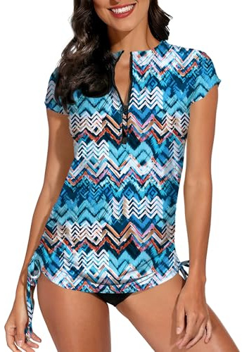 BesserBay - Maillot de bain rashguard pour femme - UPF 50+ protection solaire - Col montant - Manches courtes - Fermeture éclair 1/4 - Top de natation - Taille S à XXL, B4., XXL