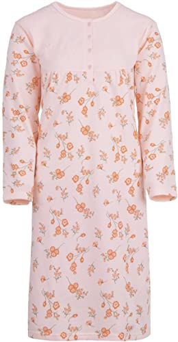 Zeitlos Thermo Nachthemd Blumen mit Stickerei Damen Langarm Knopfleiste M-2XL, Farbe:apricot, Größe:XL