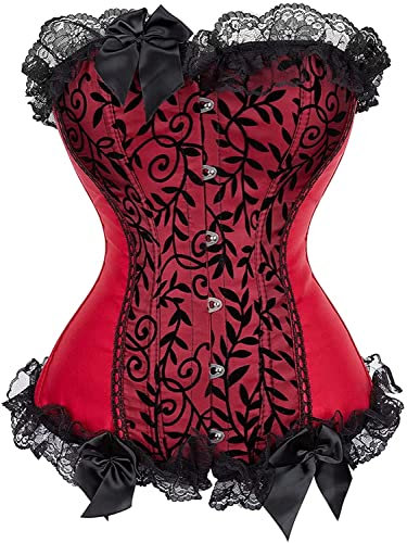 Jutrisujo Korsett Top Corsagen Vollbrust Corset Damen Spitze Schnüren Vintage Rot L