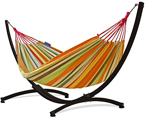Potenza Outdoor Hängematte mit Gestell für 2 Personen I Baumwolle Doppelhängematte XXL 220x160, 200kg I Hängemattengestell 220kg, wetterfest (Orange, Gestell Braun)