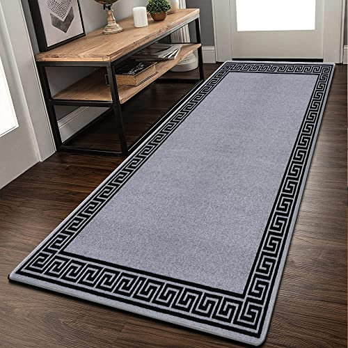 Rugs Shop Door Mats Indoor Non Slip Mat Carpet Runners for Hallways Geometrical Border Low Profile Washable Runner Rug for Kitchen, Front Door Hall Hallways Living Room (80 x 300 cm, Grey Black)